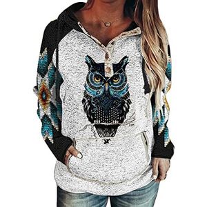 Sweatshirt met capuchon voor dames, dierenuil print, hoodie, wolfpatroon, lange mouwen, casual los met zak en capuchon tops, # 1, L