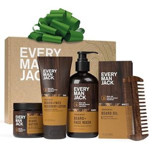 Sandelhout baardverzorgingsset van Every Man Jack - Perfect voor elke man - Full-Sized Essentials: Baard & Face Wash, Lotion, Olie, Boter, Kam