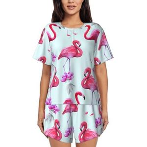YJxoZH Roze Flamingo's Print Vrouwen Zomer Pyjama Sets Nachtkleding Dames Korte Mouw Nachtkleding Pjs Lounge Met Zakken, Zwart, 3XL