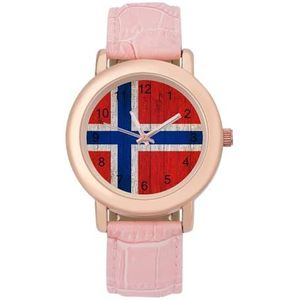 Noorwegen Vlag op Grunge Houten Klassieke Horloges voor Vrouwen Gemakkelijk Lees Mode Grappig Grafisch Horloge Gift voor Werk Workout