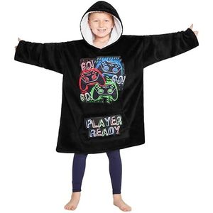 CityComfort Deken met capuchon voor kinderen, fleece hoodie-deken om aan te trekken, grijs, Eén maat (Zwart/Veelkleurig)