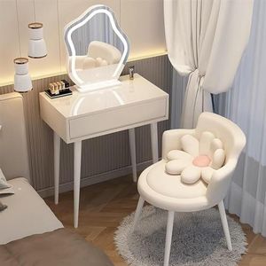 EdNey Kaptafel set, voor slaapkamer kleedkamer, met 3-kleuren dimbare verlichte spiegel, met comfortabele make-up kruk, met lade (kleur: wit, maat: L-60 cm)