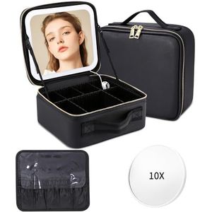 Aktetas met Spiegel en Make-up Organisatie - 10X Vergrootglas met Verlichting en 3 Kleuren Verstelbare Helderheid, Draagbare Waterdichte Opbergdoos voor Reizen