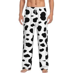 Dexnel Zachte pyjamabroek met koeienprint voor mannen,Klassieke slaapbroek comfortabel, polyester pyjamabroek met zakken, Wit, S