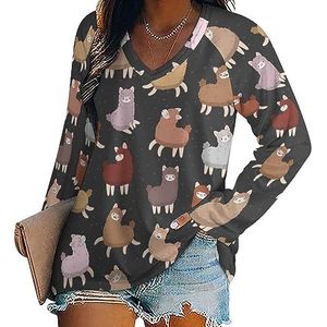 Grappige lama alpaca dames casual T-shirts met lange mouwen V-hals bedrukte grafische blouses T-shirt tops XL