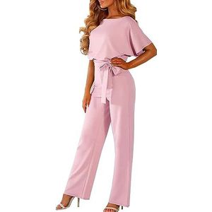 Dagelijkse slijtage Jumpsuits for dames, korte mouwen, ronde hals, riem, casual rechte pijpen, playsuit (Color : Pink, Size : M-Medium)