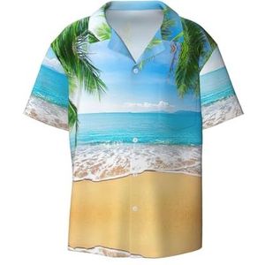 TyEdee Ocean Sea Beach Palm Bladeren Print Heren Korte Mouw Jurk Shirts met Pocket Casual Button Down Shirts Business Shirt, Zwart, XXL