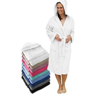 LEBENGOOD Damesbadjas met capuchon 100% katoen - Unisex badjas van badstof 450 g/m², met ceintuur en zakken, ideaal na douche, bad of zwembad (L, Wit)
