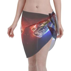Ruimte planeet aarde print elegante strand wrap, bikini cover-up, badmode jurk, voor vrouwen, perfect voor zwembad en resort zwart