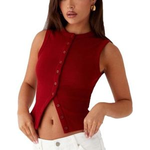 Vrouwen gehaakte dikke gebreide top mouwloze button down crop tops trendy vest trui vest for vrouwen(Red B,Medium)