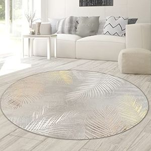 Designer tapijt met palmtakken in grijs goud, grootte 200 cm rond