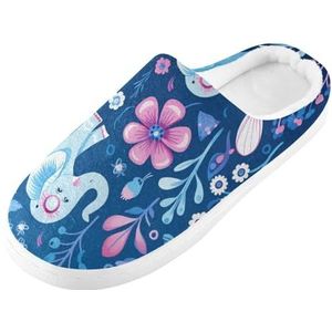 KAAVIYO Bloemenpatroon Olifanten Cartoon Blauwe Raket Outdoor Slippers Katoen Huis Schoenen Winter Antislip Fuzzy Voeten Slippers voor Indoor Mannen Vrouwen Meisje, Patroon, Large