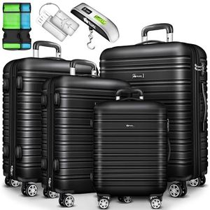 tillvex® Reiskofferset 4-delig met bagageweegschaal, kofferriemen en kofferlabels, hardshell kofferset 4 wielen, trolley, bagagekoffer met TSA-slot, rolkoffer, hardshell kofferset S-M-L-XL, zwart
