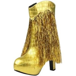 Dames Korte Laarzen Met Franjes Plateau Enkellaarsjes Met Blokhak Herfst-winter PU Leren Ankle Boots Casual Enkellaarsjes Met Rits Feestelijke Hoge Hakken, 36-43(Gold,43 EU)