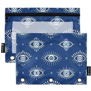 FRODOTGV Evil Eye Magic Marineblauwe potloodzakjes voor 3 ringen, ringband, doorzichtige bindmiddelzakken, rits drie gaten potloodzakjes 2 stuks pennenetui