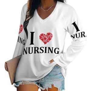 Funny I Love verpleging vrouwen casual T-shirts met lange mouwen V-hals gedrukte grafische blouses Tee Tops XL
