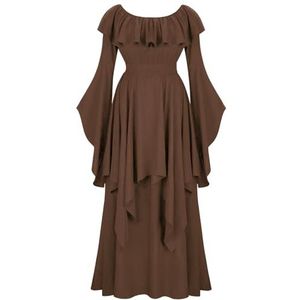 EMMHouse Victoriaanse jurk, renaissance-kostuum, gothic, heksenjurk, middeleeuwse retro lange jurk, Bruin, L