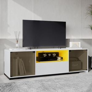 Aunvla Lange tv-standaard met ledverlichting en schuifdesign voor een 60 inch tv, marmeren tafelblad en elegant glasdesign, met 2 deuren, 1 lade en 1 open vak