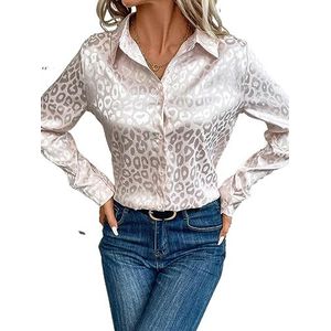 dames topjes Luipaard jacquard overhemd met knopen aan de voorkant - Elegant overhemd met lange mouwen en knopen aan de voorkant (Color : Apricot, Size : X-Small)