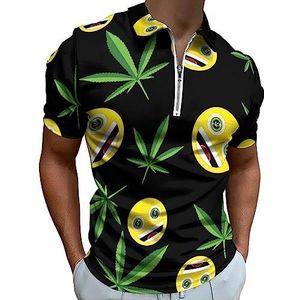 Poloshirt met marihuanablad en lachende gezichten voor mannen, casual T-shirts met ritssluiting en kraag, golftops, slim fit