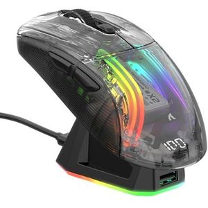 ATTACK SHARK X2 Pro Draadloze Gaming Mouse met Laadstation, Stille Bluetooth Muis, RGB Ergonomische Muis 4000DPI, Tri-modus (BT5.0/2.4G/Bedrade), PixArt 3212 Sensor, Transparante Schaal, PC/Mac, Zwart