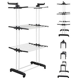 THINFAR Opvouwbaar wasrek met wieltjes, grote capaciteit, wasrek van roestvrij staal, vleugels inklapbaar op 3 droogniveaus, voor binnen en buiten (75 x 64 x 170 cm, zwart en wit)