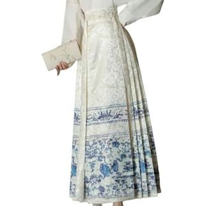 Chinese rok met paardengezicht, Chinese stijlrok, Paardengezicht rok herfst blauw en wit Hanfu dames Chinese stijl paardengezicht rok herfst winter halve rok (Color : L White, Size : Schwarz)