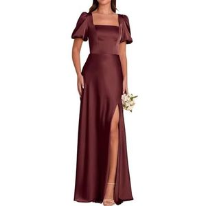 Satijnen galajurken met pofmouwen en split effen vloerlengte A-lijn korset formele avondjurk, Bordeaux, 32