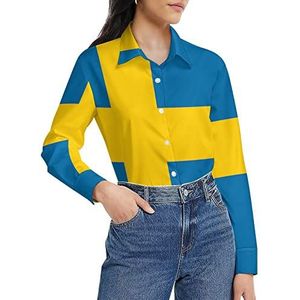 Zweden vlag damesshirt lange mouwen button down blouse casual werk shirts tops 4XL