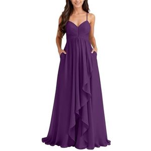 KURFACE Chiffon bruidsmeisjesjurk met split geplooide A-lijn bruidsmeisje formele avondjurk, Paars, 40