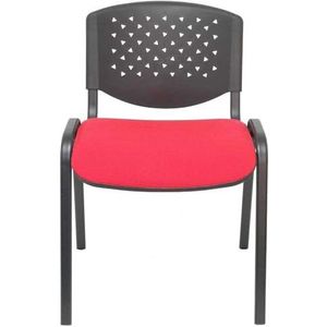 Piqueras y Crespo Model Pétrola. Verpakking van 2 ergonomische stoelen, stapelbaar, multifunctioneel en frame in zwart. Rugleuning van zwart pvc en zitting met rode aran stof.