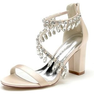 Dames Chunky Blokhak Bruiloft Sandalen Kristallen Trouwschoenen Open Teen Feest Prom Bruidsschoenen,Champagne,36 EU