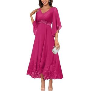 KIYNE Flutter mouw V-hals chiffon moeder van de bruid jurken met kant appliqué formele avondjurk voor vrouwen, Fuchsia, 32
