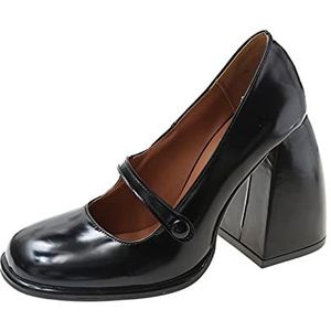 TABKER Sandalen met hakken lederen schoenen vrouw lente vierkante teen super hoge hak pompen vrouwen gesp riem dikke hakken schoenen (maat : 3,5 UK)