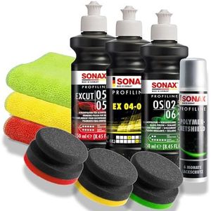 Sonax Profiline ExCut 05-05 Autopolijstset, tegen diepe krassen, EX 04-06 hoogglans polijstmiddel + OS 02-06 Finish polijstmiddel + Quick Detailer + 3 x handpolijstpad + 3 x polijstdoek