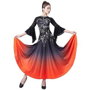 Oranje,L,Hynyjxjy Bedrukte Ballroom Dansjurken Mesh Splice Foxtrot Dansoutfit Voor Dames Gradient Salsa Danstrainings Kostuum Wals Danskleding Geweldige Swing