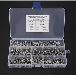 Roestvrij zelftappende schroeven, Pan Head Cross Tapper Schroeven 220 stks M3 M4 M5 304 RVS Tapper Schroeven Zelftappende Schroeven Set met Box Assortiment Kit
