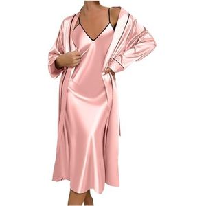 UPPJPBSW Dames 2-delige satijnen nachtjaponset met diepe V-hals zijden slipjurk, kimono-pyjama's, sexy camisole-stijl nachtmode,Roze,L