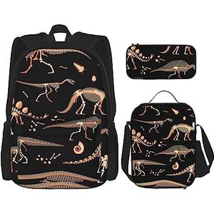 Dinosaurus skelet print rugzak gepersonaliseerde reistas met lunchtas etui set van 3 stuks, Zwart, Eén maat, Rugzakken