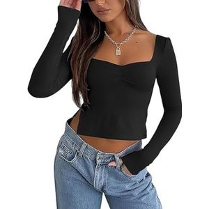 Rongseng Dames shirt met lange mouwen sexy crop tops buikvrij bovenstuk sweetheart hals lange mouwen T-shirt slim fit split plissé pullover Y2K tops effen cropped top elegant modieus streetwear,