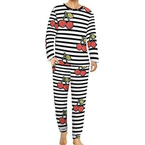 Kersen en strepen comfortabele heren pyjama set ronde hals lange mouwen loungewear met zakken 6XL
