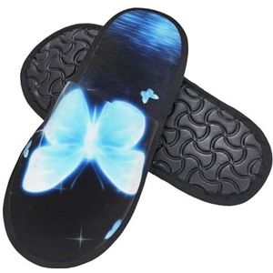 ZaKhs Blauwe Vlinderprint Vrouwen Slippers Antislip Fuzzy Slippers Leuke Huis Slippers Voor Indoor Outdoor, Zwart, Large Wide