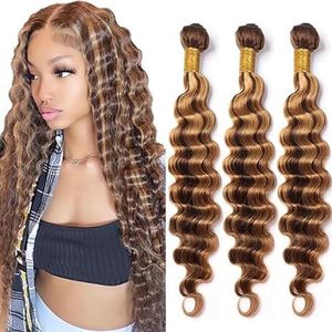 Tuheerst Deep Wave Human Hair Bundles P427 Highlight Blonde Real Hair Human Hair Extensions Sew in Hair Extension 3 Bundles Double Weft Remy Hair Low Shedding for Woman 26 26 26 Inch