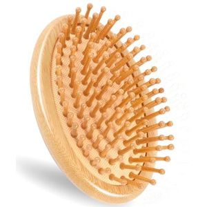 Zhangzitao Bamboe massagekam, houten hoofdhuidstimulator houten haarborstel ronde draagbare bamboekam antistatisch luchtkussen haarborstel mini reishaarborstel voor vrouwen en mannen, ontwerp zonder