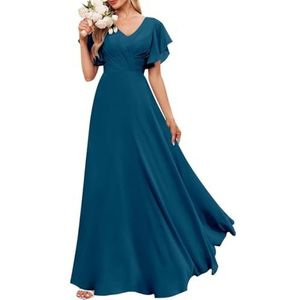Chiffon bruidsmeisjesjurken voor dames, met split, baljurken, cocktailjurken, grote maten, Pauw, 32