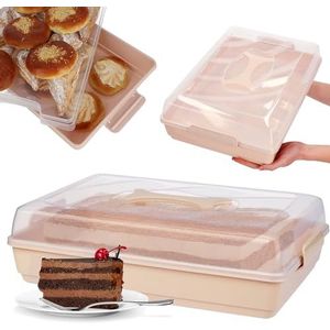KADAX Taartdoos met deksel, 44 x 30 x 12,5 cm, kunststof taarthouder, transportdoos met handvat, bakvorm, voor blikcake, muffins, rechthoekig, voedseldoos (roze)