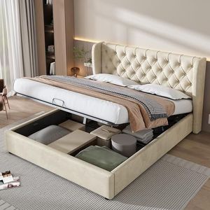 Aunvla Gestoffeerd bed, oorvorm, fluweel, grote knoopnaden, tweepersoonsbed, 180 x 200, hydraulisch functioneel bed met lattenbodem en opbergruimte, onderkant van het bed is van een vuilafstotende