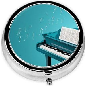 Pillendoosje met spiegel, retro pillendoosje met 3 vakken, piano op blauwe achtergrond, kleine pillenorganizer voor portemonnee of zak, decoratieve metalen medicijnen, vitamine-organizer, unieke