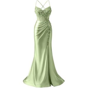 Satijnen Galajurken voor Vrouwen Zeemeermin Formele Avondbaljurken met spleet Ceremonie Jurken Plus Size, Salie, 32