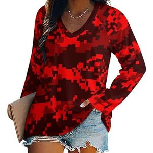 Rode Camouflage Dames Lange Mouw V-hals T-shirts Herfst Tops Trui Tuniek Tee voor Leggings